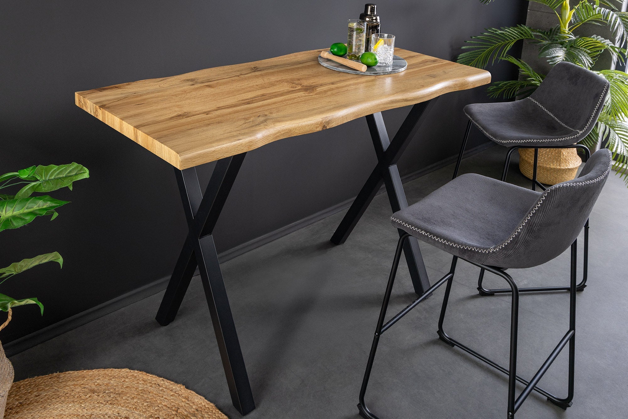 Table de bar industrielle WILD 120cm aspect chêne sauvage marron structure en X métal noir