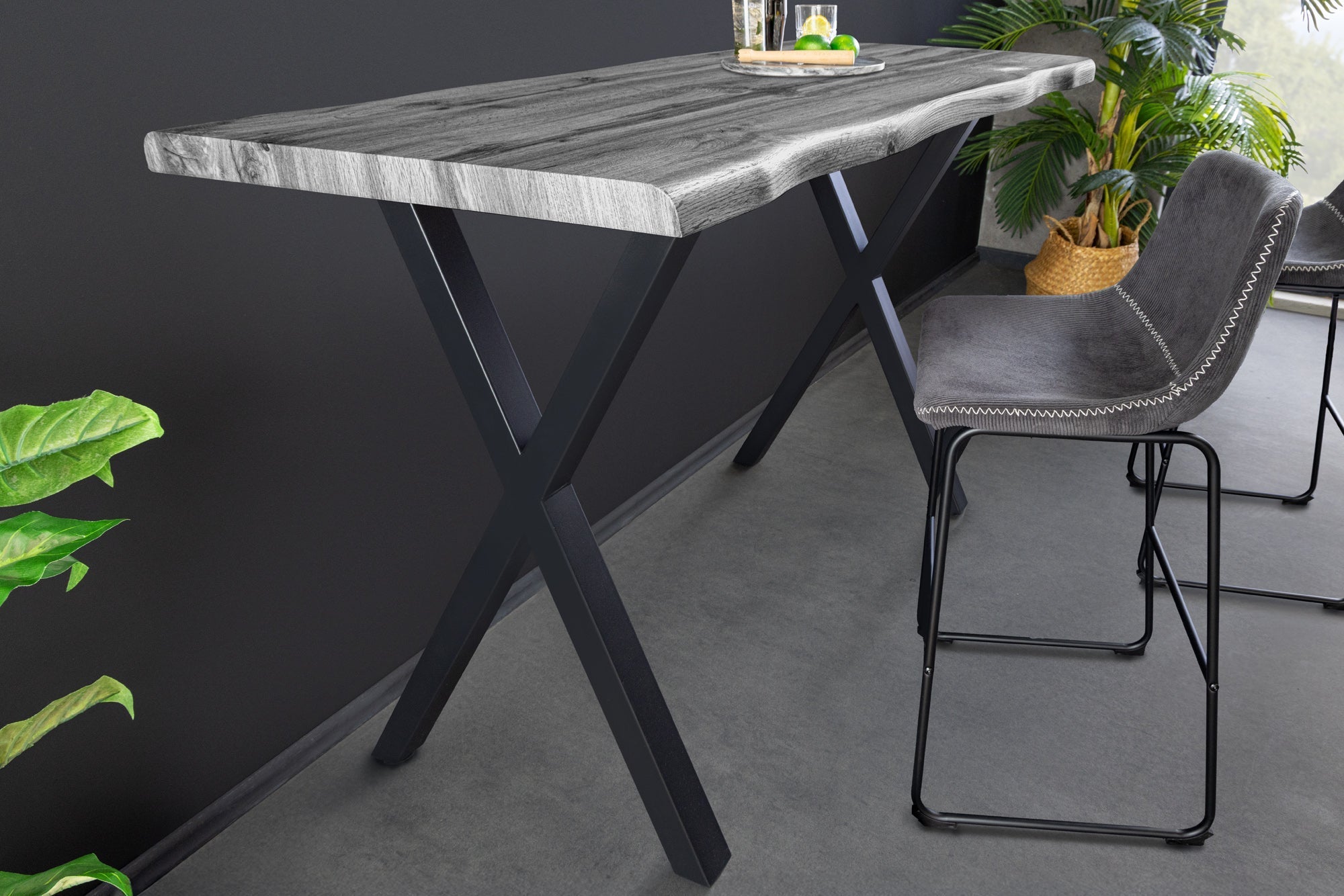 Table de bar industrielle WILD 120cm chêne sauvage gris design métal noir structure en X