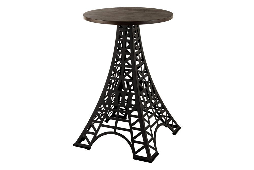 Table de bar ronde PARIS LOFT 105cm en manguier marron foncé design Tour Eiffel