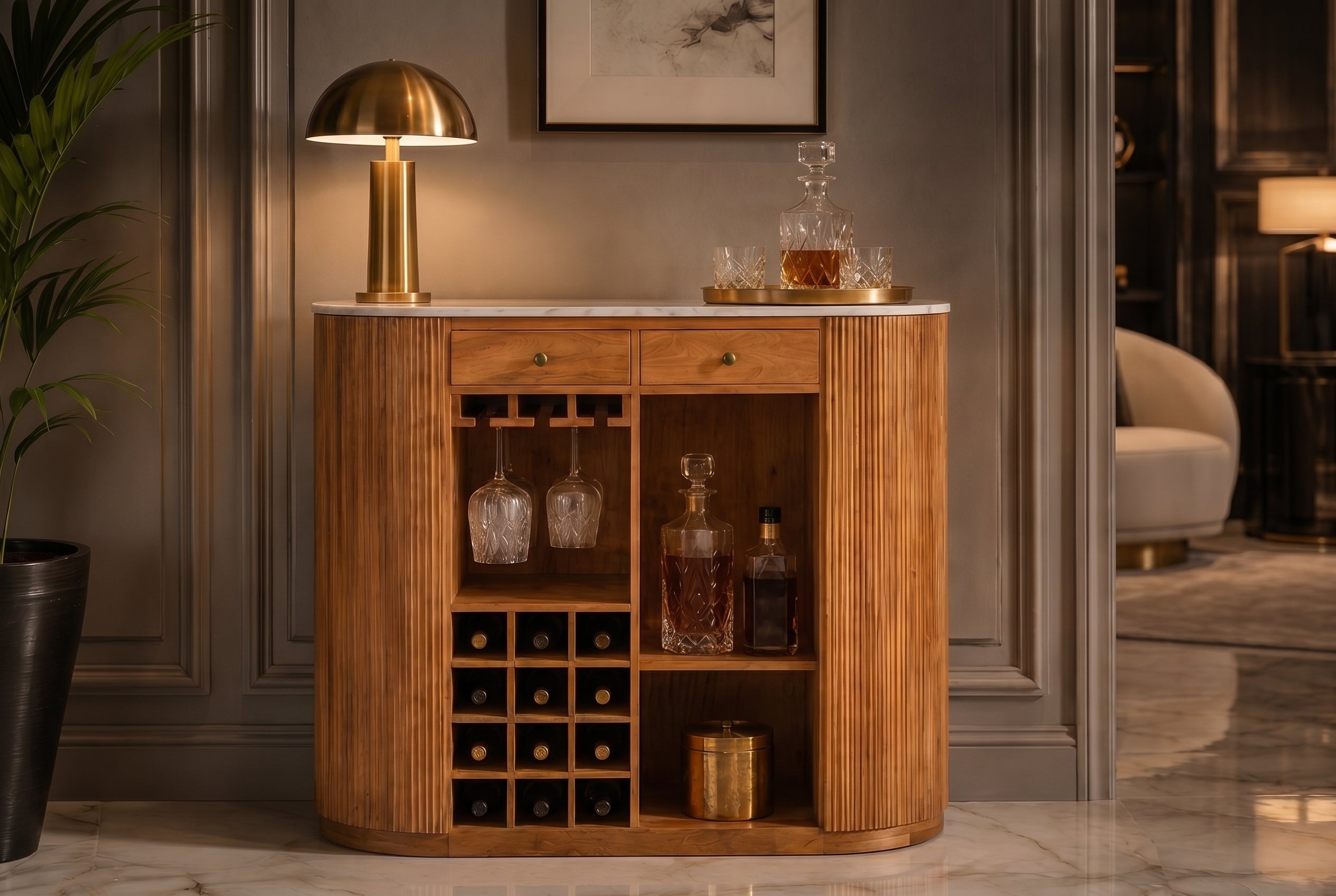 Table de bar solide TRES CHIC 120cm bois de manguier marron marbre blanc avec étagère à bouteilles