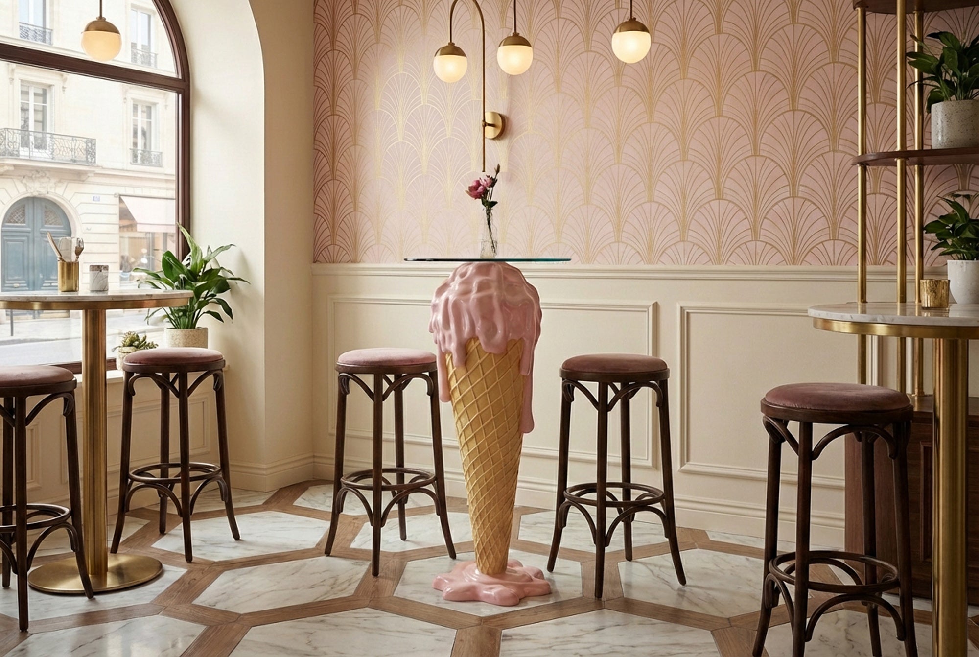 Table de bar unique ICE CREAM 105cm beige rose plateau de table rond en verre fait main