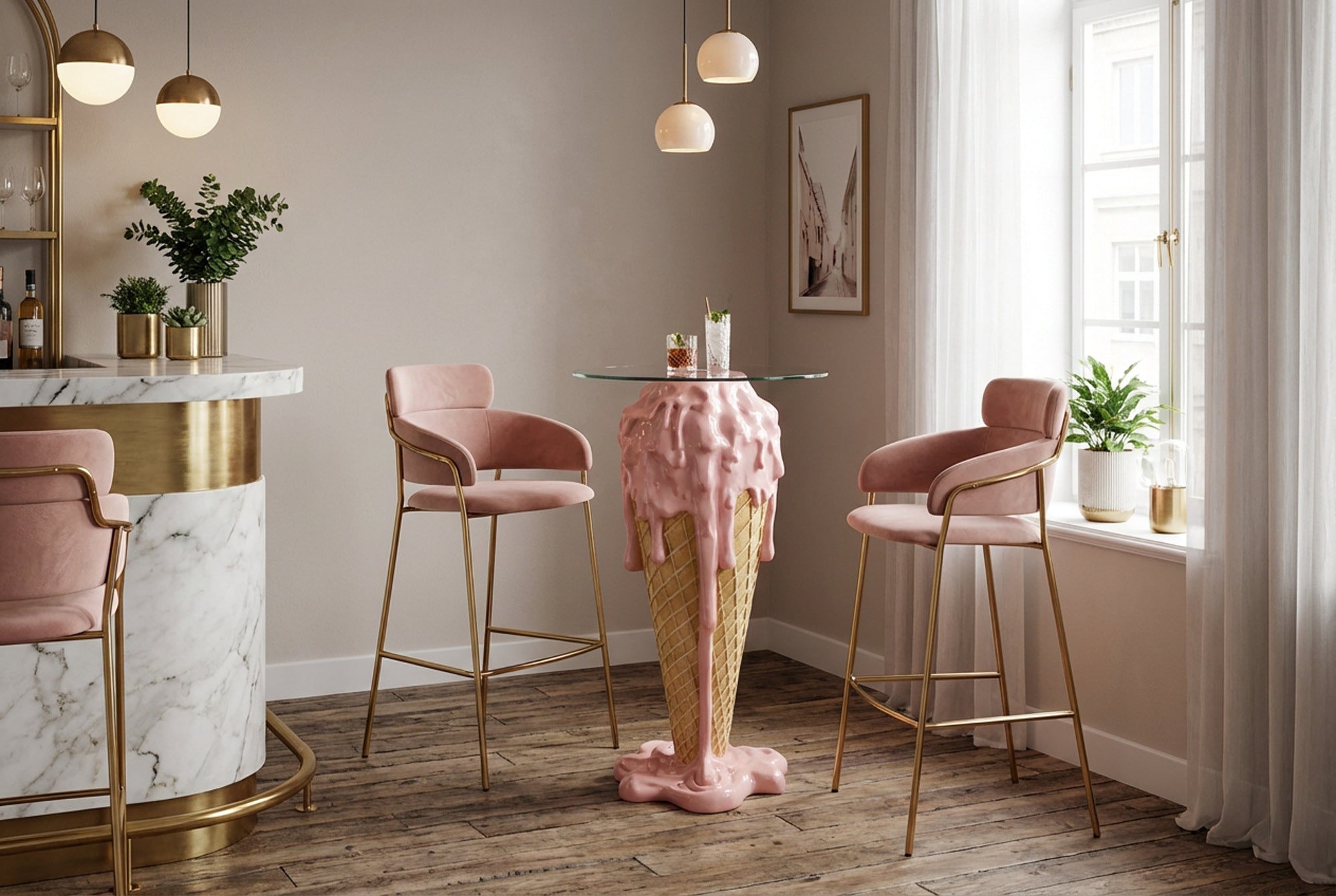 Table de bar unique ICE CREAM 105cm beige rose plateau de table rond en verre fait main