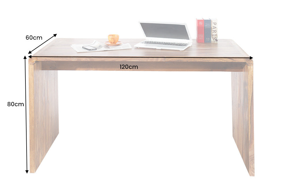Table de bureau en bois massif CUBUS 120cm bureau en bois de sheesham marron finition pierre