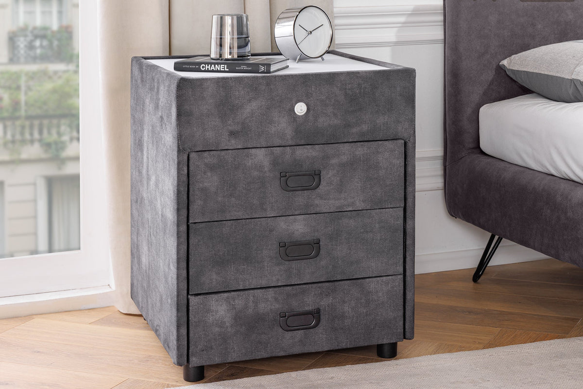 Table de chevet carrée PARIS 55cm velours gris comprenant éclairage et tiroirs