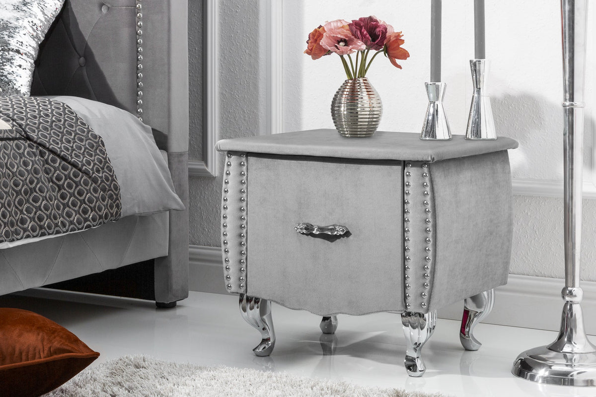 Table de chevet élégante EXTRAVAGANCIA 50cm commode de nuit en velours gris argenté avec tiroir