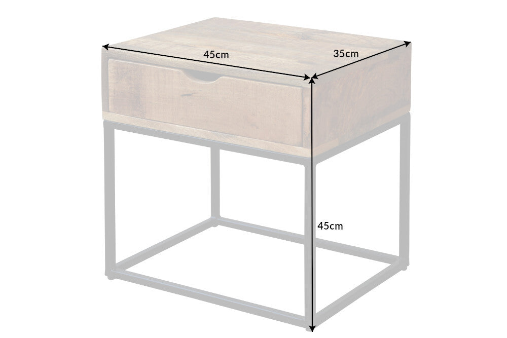 Table de chevet industrielle IRON CRAFT 45cm en bois de manguier avec tiroir