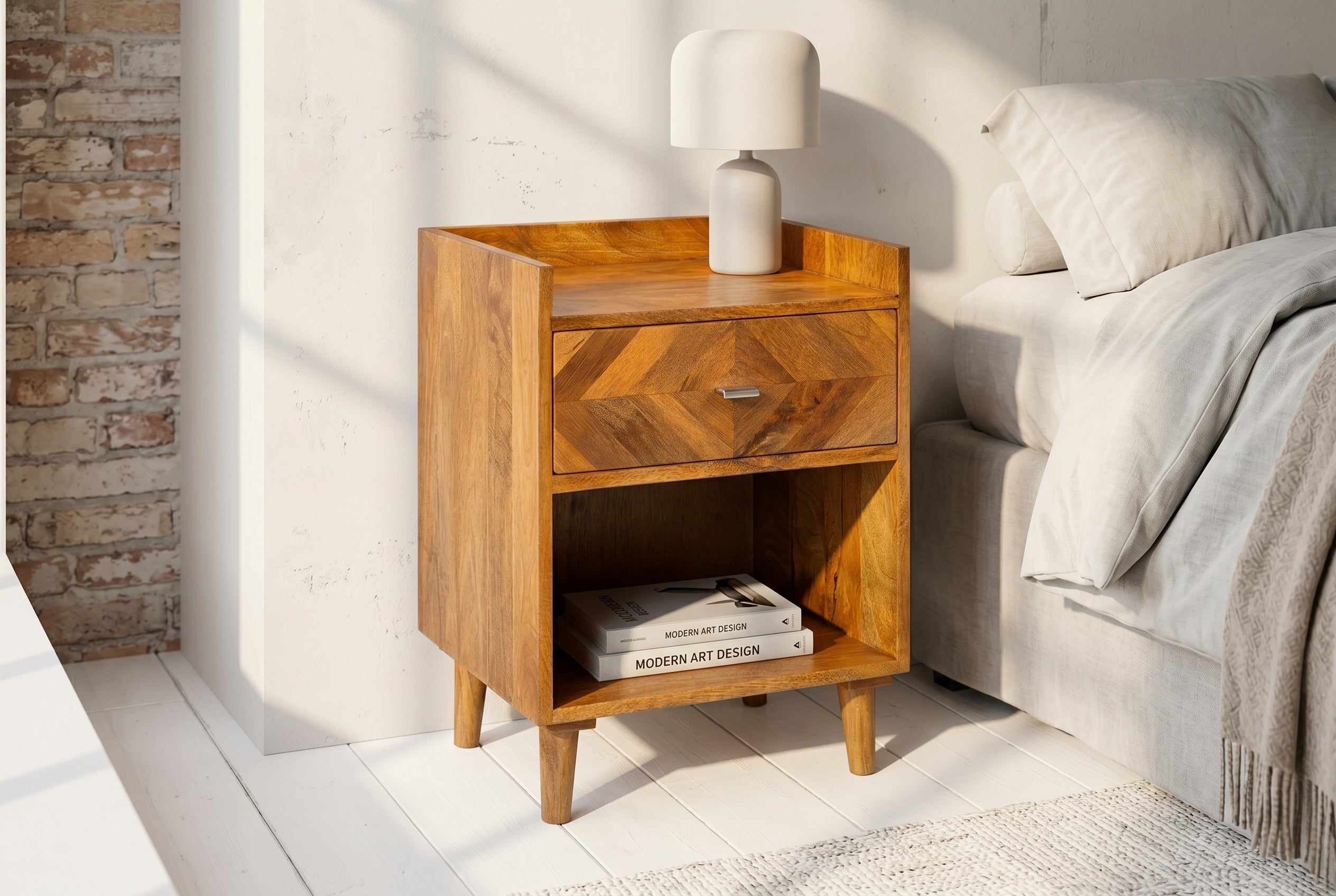 Table de chevet massive INFINITY 60cm en bois de manguier naturel avec compartiment et tiroir