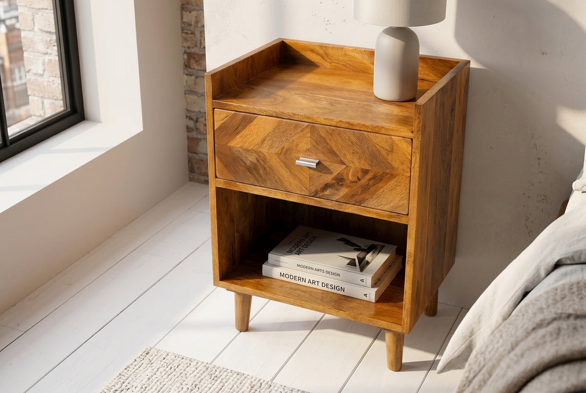 Table de chevet massive INFINITY 60cm en bois de manguier naturel avec compartiment et tiroir