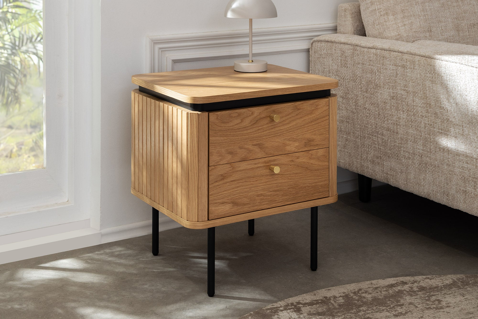 Table de chevet moderne ATELIER Table d’appoint 55cm en chêne avec tiroirs