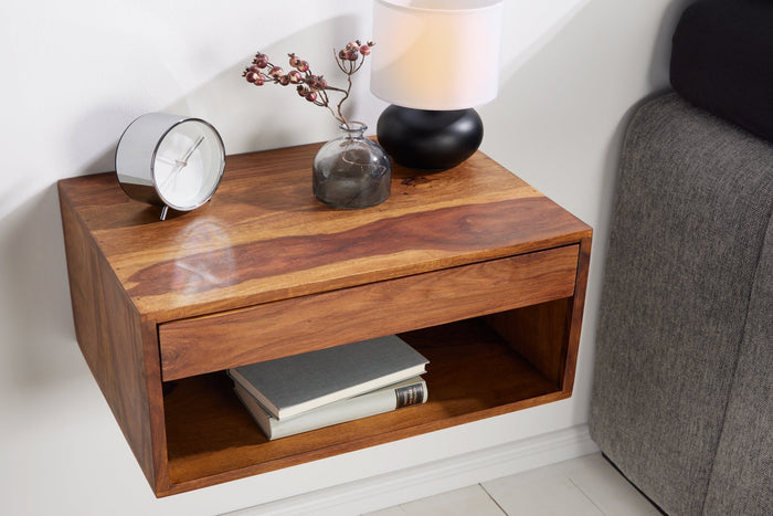 Table de chevet suspendue PURE 50cm marron Sheesham bois massif finition pierre étagère tiroir