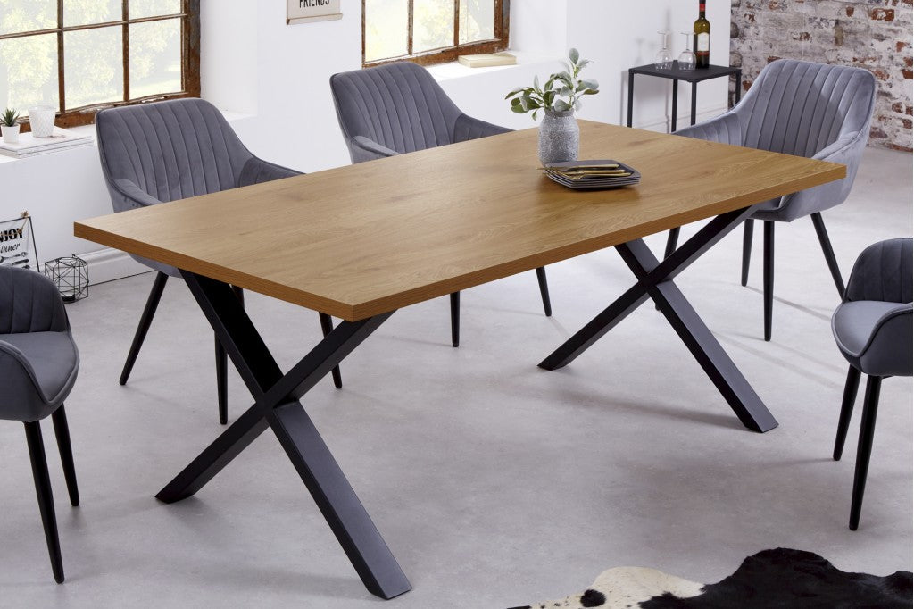 Table de salle à manger industrielle LOFT 160cm aspect chêne avec piétement en X noir