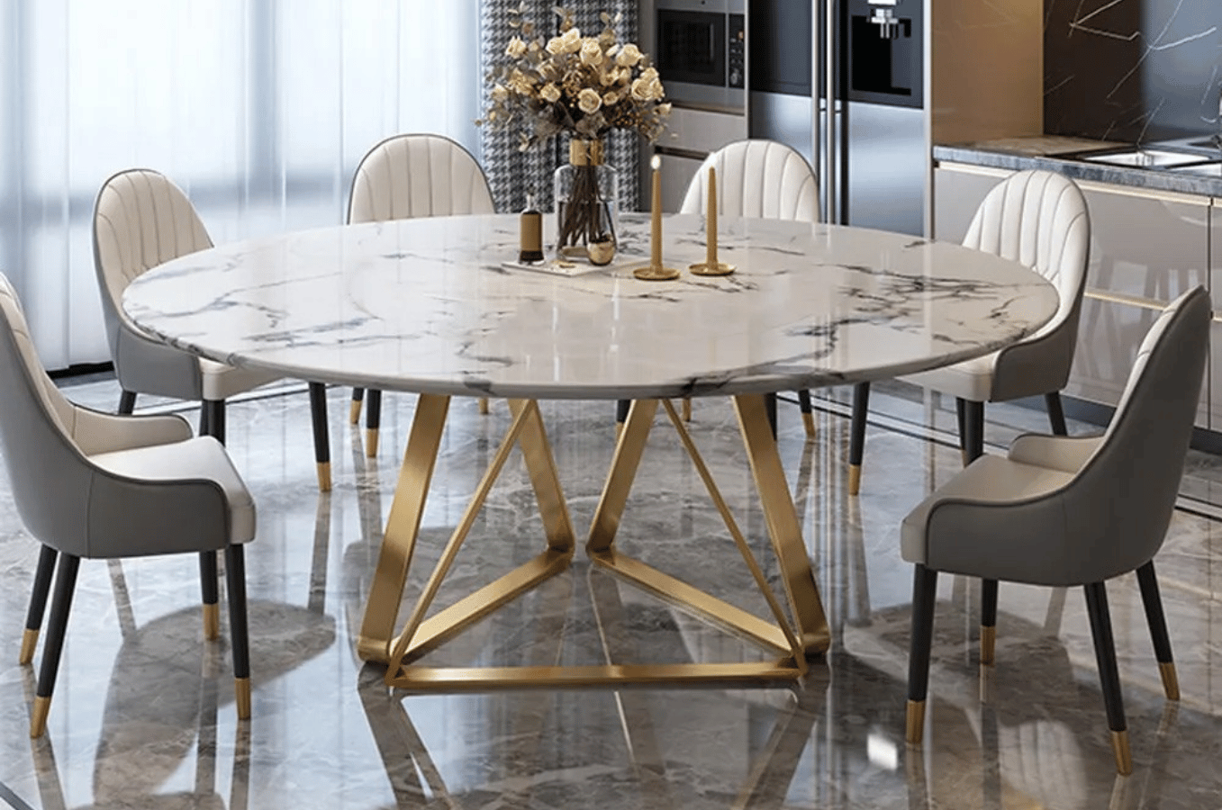 Table à manger ronde avec pied or - ROCK - céramique-marbre-blanc