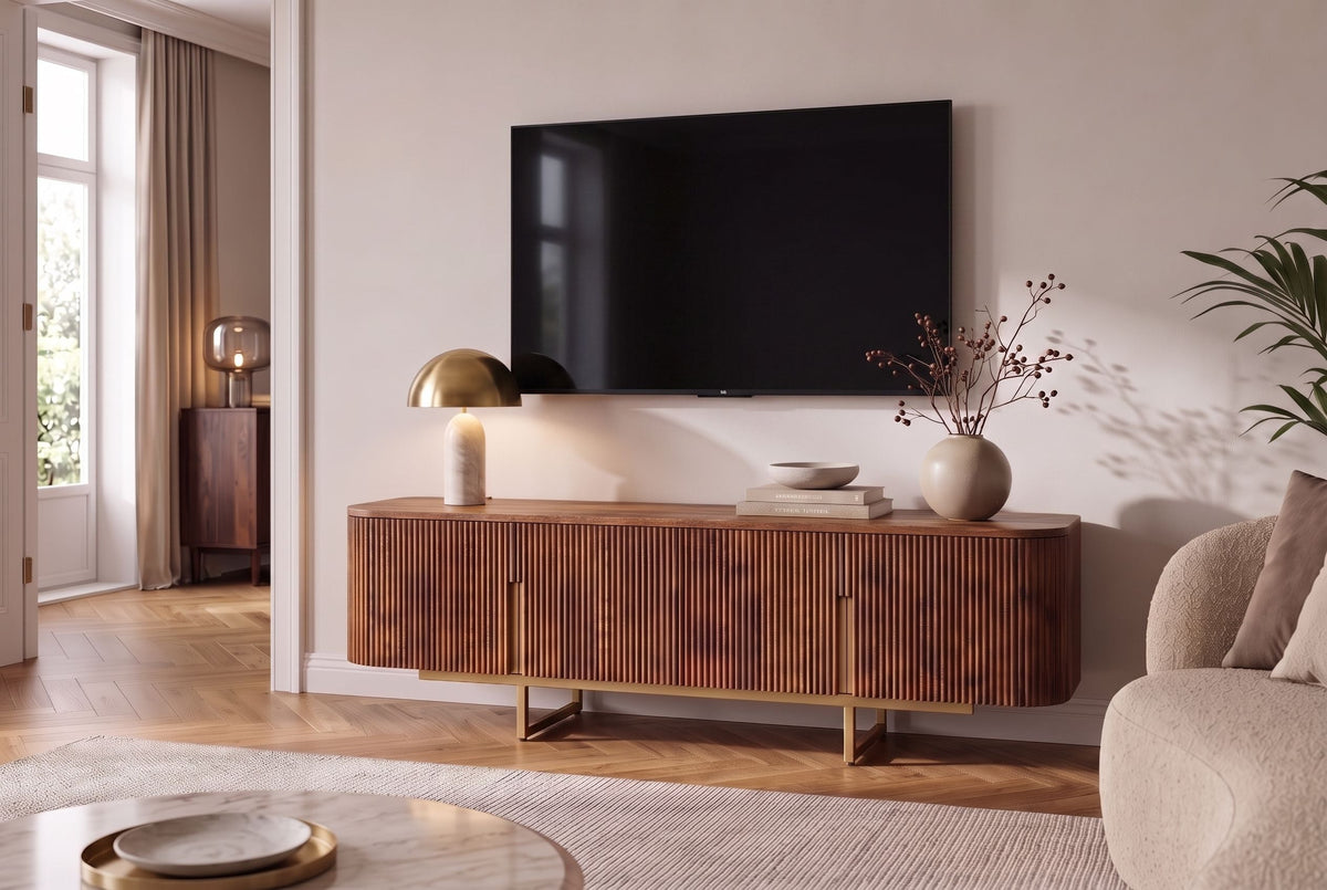 Tableau TV design GATSBY 160cm marron mat doré bois de manguier rétro