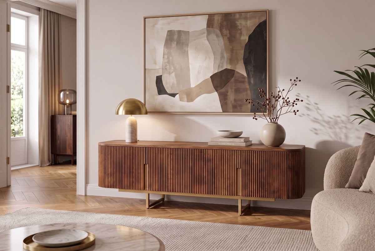 Tableau TV design GATSBY 160cm marron mat doré bois de manguier rétro