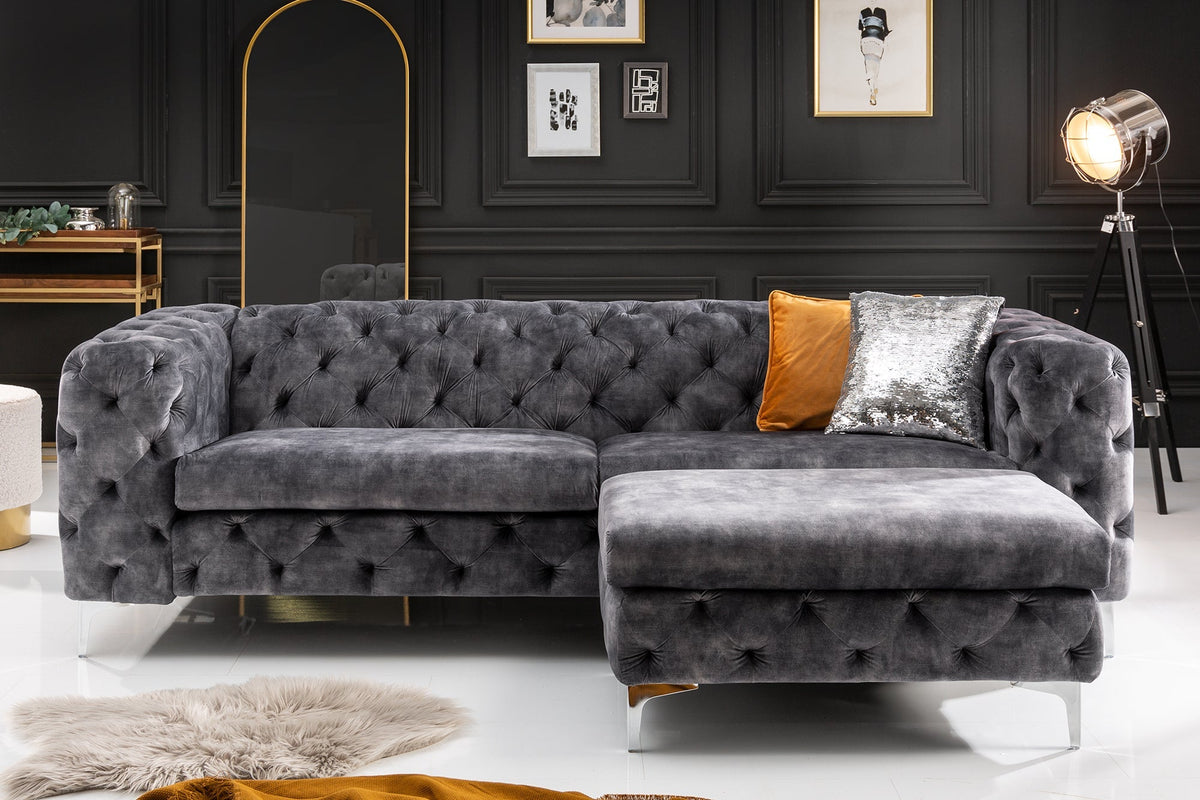 Tabouret Chesterfield MODERN BAROQUE 90cm tabouret en velours gris foncé repose-pieds