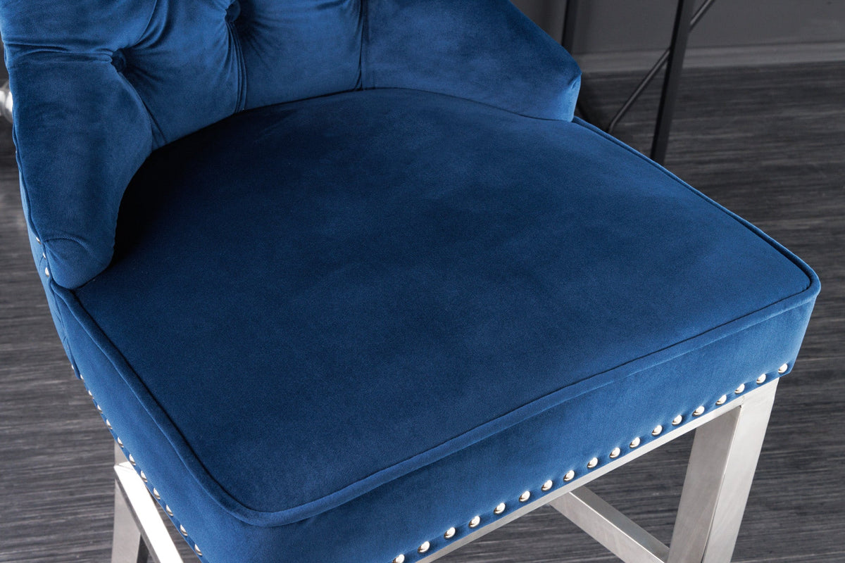 Tabouret de bar design CASTLE DELUXE velours bleu royal acier inoxydable argent avec dossier Chesterfield
