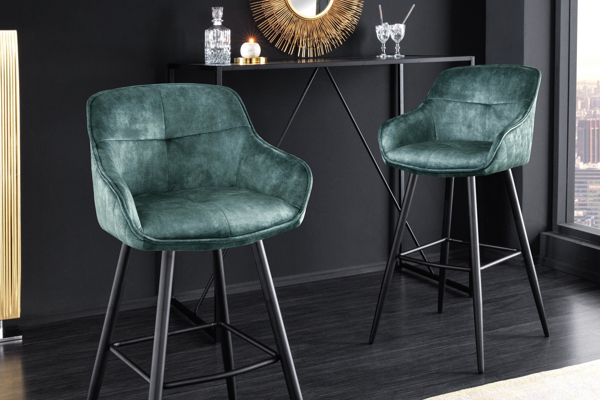 Tabouret de bar design EUPHORIA velours gris pieds métal noir chaise de bar avec dossier