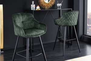Tabouret de bar design EUPHORIA velours vert foncé pieds en métal noir chaise de bar avec dossier