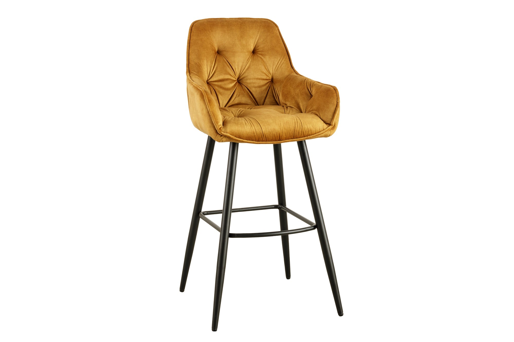 Tabouret de bar design MILANO chaise de bar en velours jaune moutarde avec dossier en métal noir