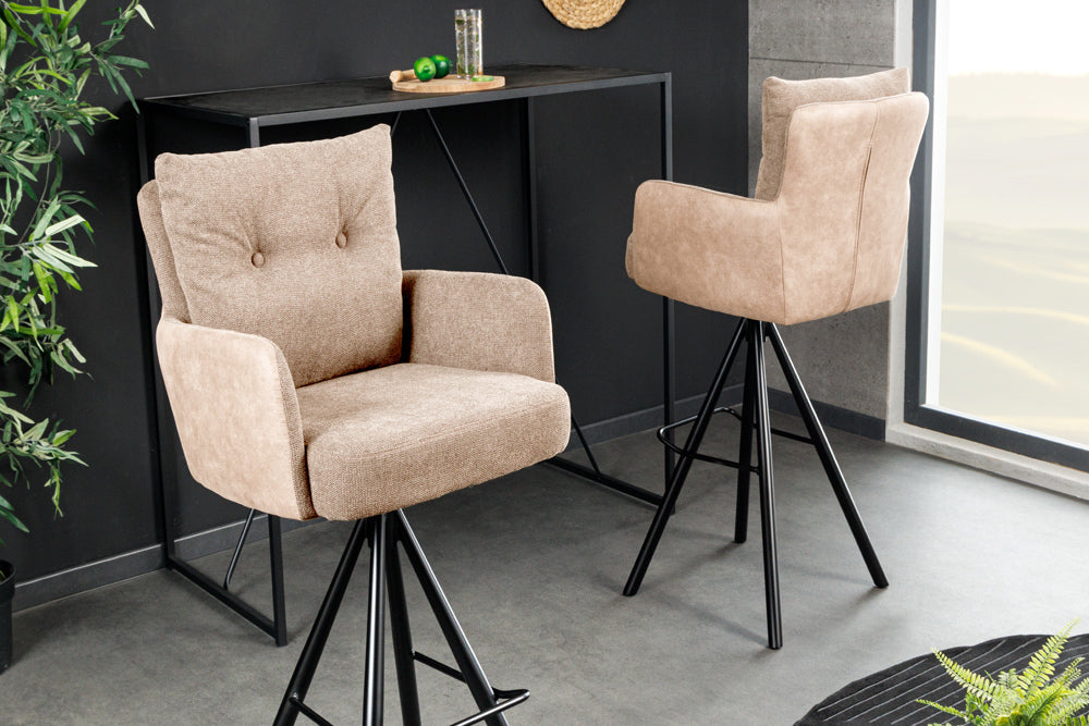 Tabouret de bar design pivotant BIG GEORGE champagne beige velours ressorts ensachés accoudoir