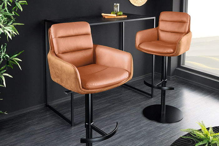 Tabouret de bar design rotatif BIG GEORGE cognac cuir véritable réglable en hauteur avec accoudoirs