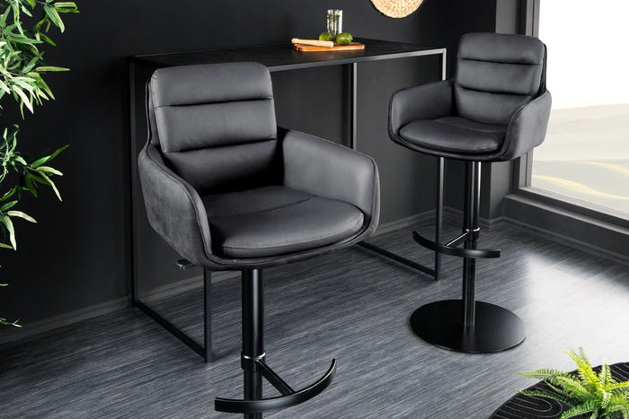 Tabouret de bar design rotatif BIG GEORGE noir anthracite cuir véritable réglable en hauteur avec accoudoirs