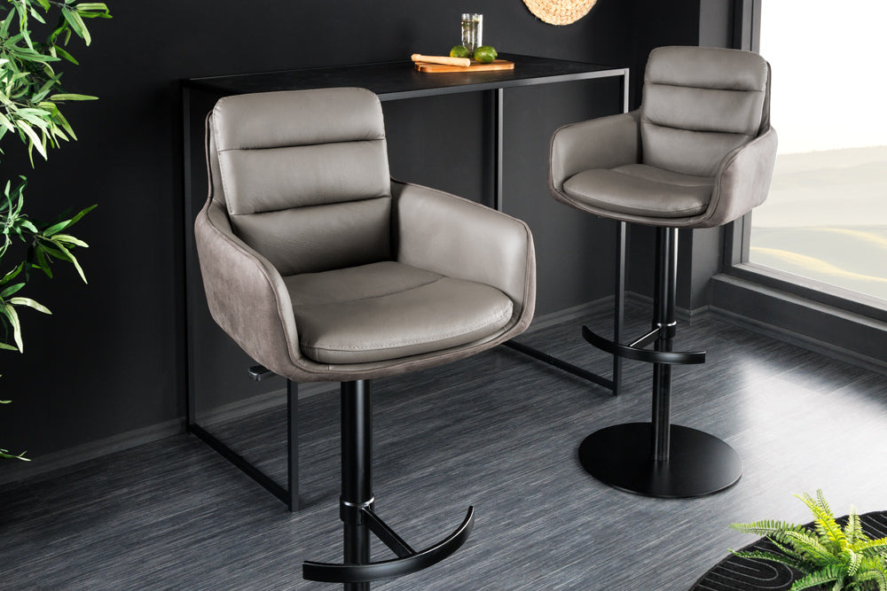 Tabouret de bar design rotatif BIG GEORGE taupe, véritable cuir microfibre, hauteur réglable avec accoudoirs