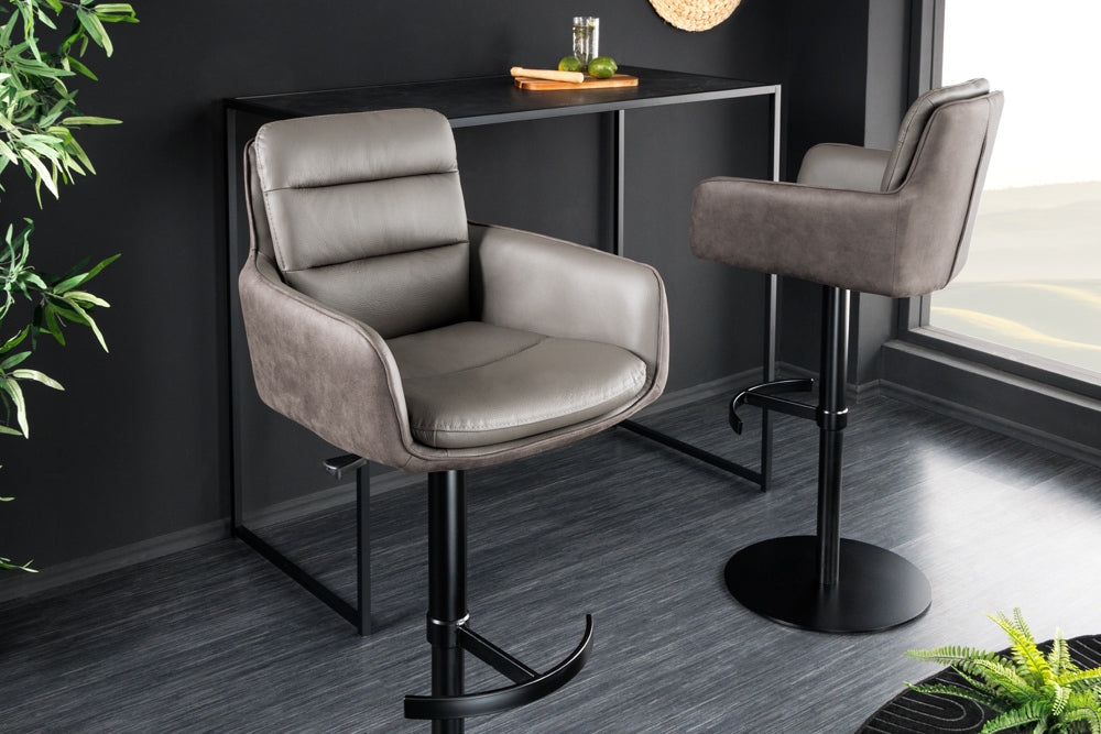 Tabouret de bar design rotatif BIG GEORGE taupe, véritable cuir microfibre, hauteur réglable avec accoudoirs