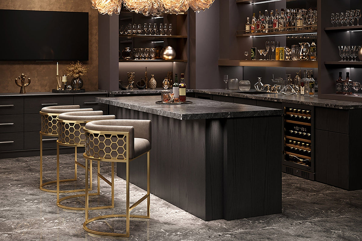 Tabouret de bar élégant ELEGANCE cappuccino velours or acier inoxydable avec accoudoir et repose-pieds