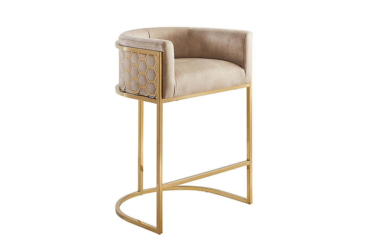 Tabouret de bar élégant ELEGANCE cappuccino velours or acier inoxydable avec accoudoir et repose-pieds