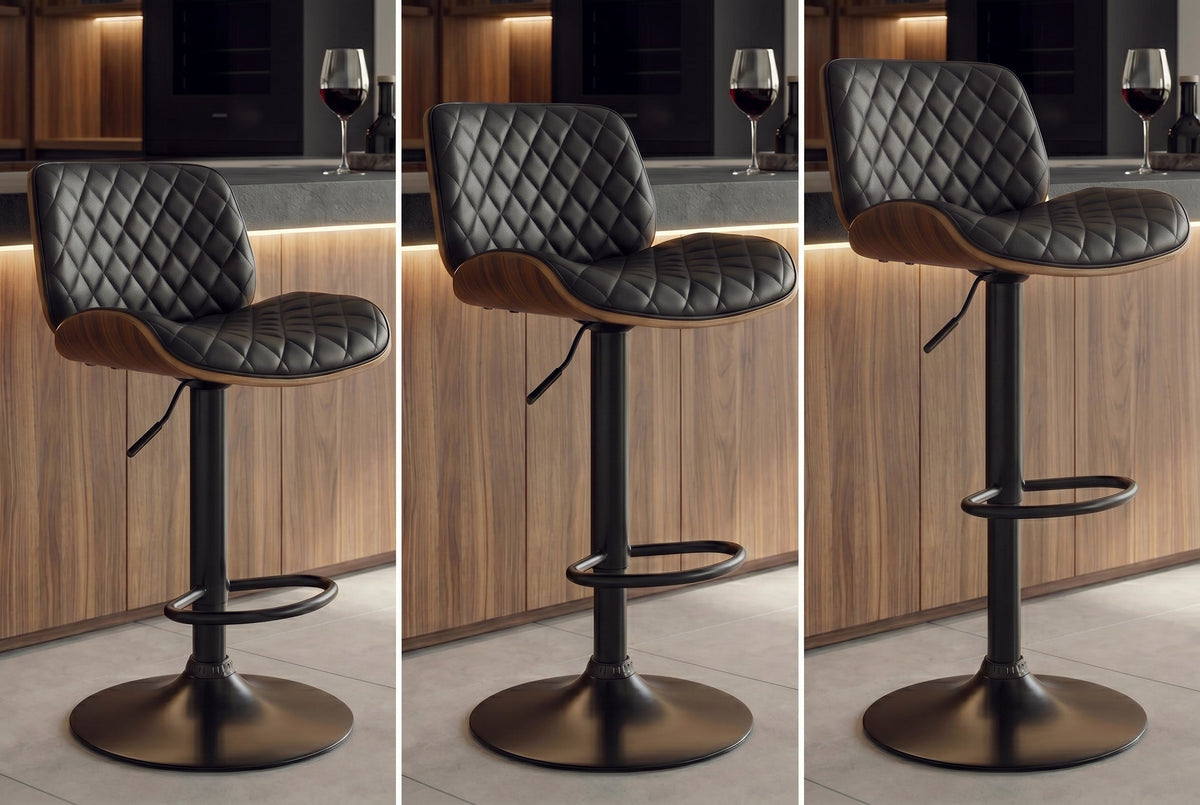 Tabouret de bar réglable en hauteur CHICAGO noir similicuir rotatif noyer