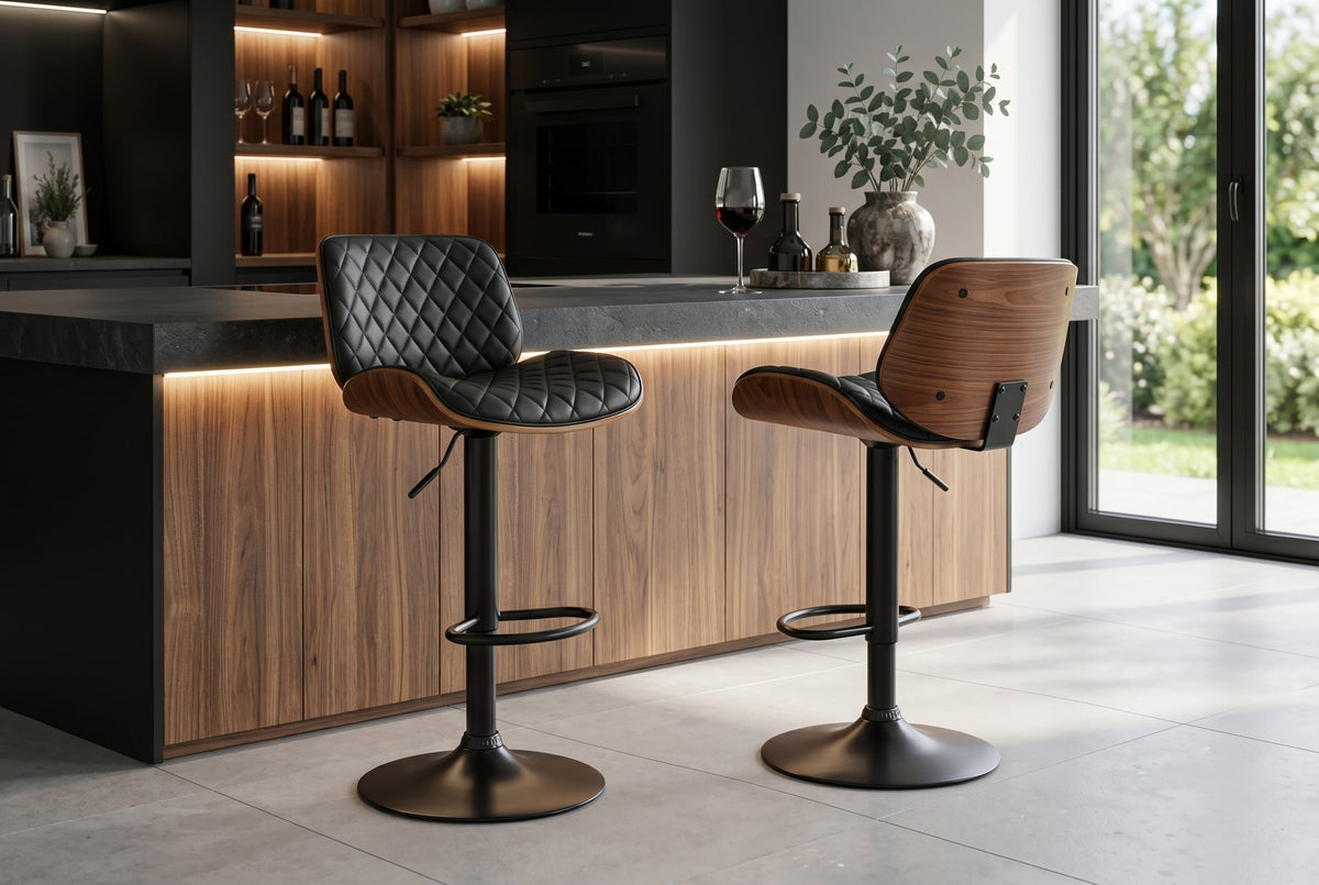 Tabouret de bar réglable en hauteur CHICAGO noir similicuir rotatif noyer