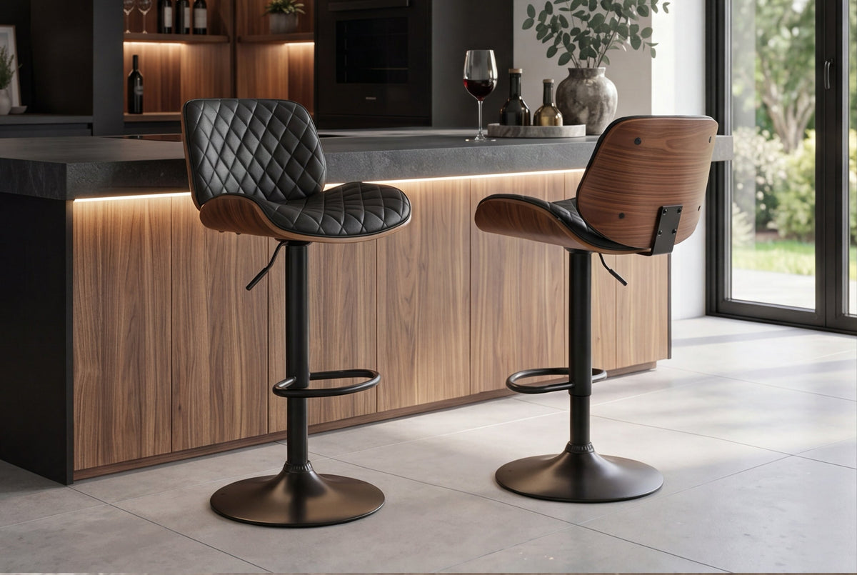 Tabouret de bar réglable en hauteur CHICAGO noir similicuir rotatif noyer