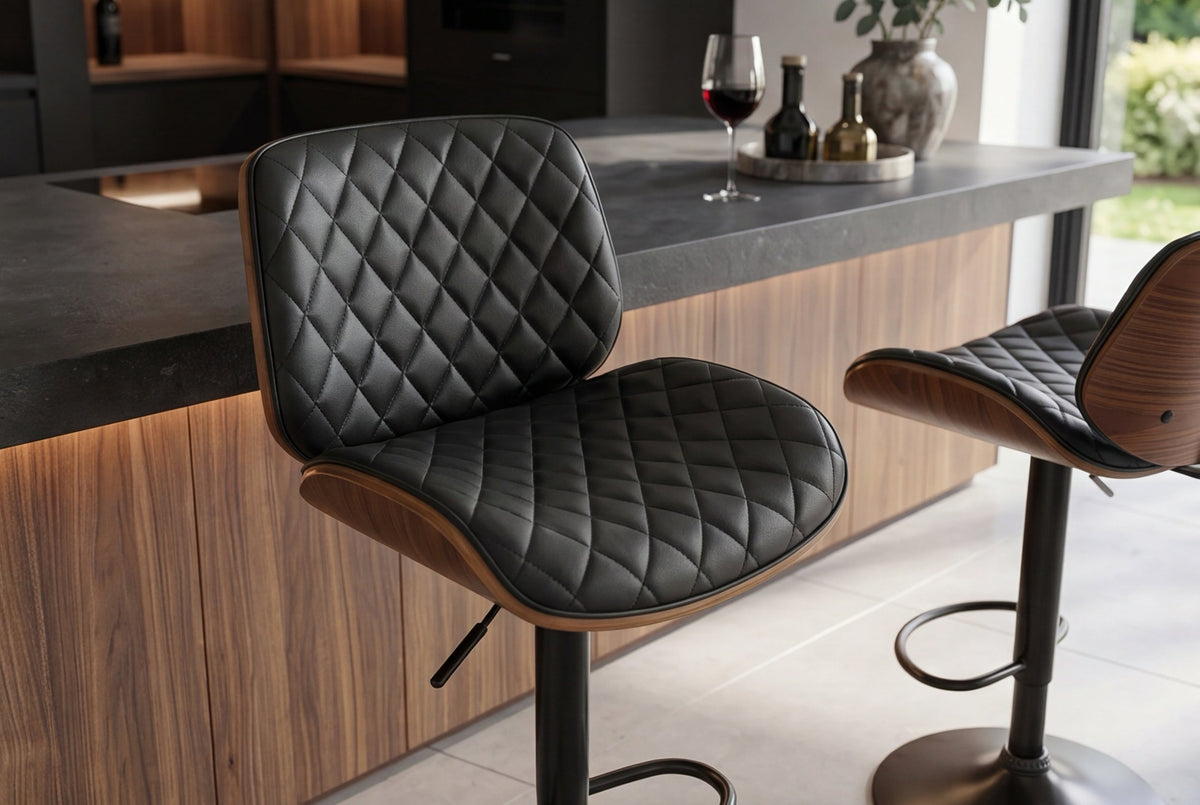 Tabouret de bar réglable en hauteur CHICAGO noir similicuir rotatif noyer