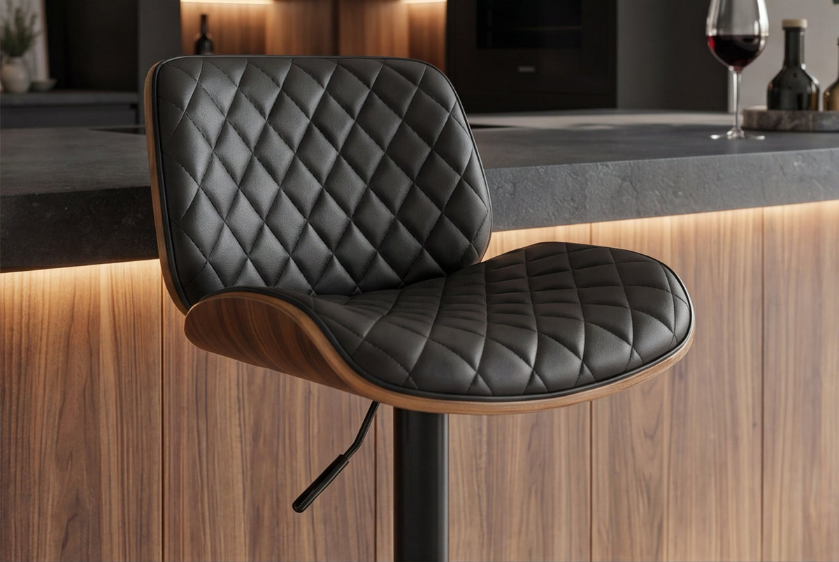 Tabouret de bar réglable en hauteur CHICAGO noir similicuir rotatif noyer
