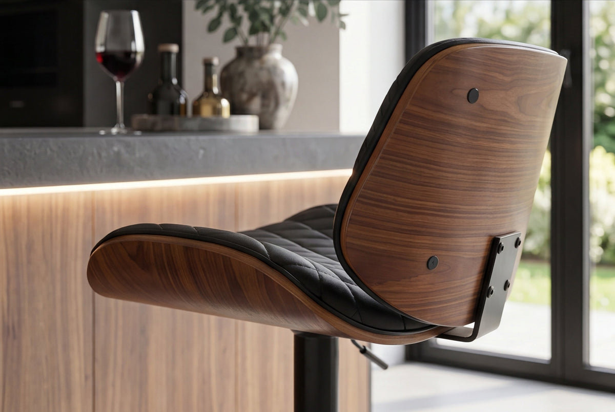 Tabouret de bar réglable en hauteur CHICAGO noir similicuir rotatif noyer