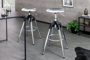 Tabouret de bar réglable en hauteur INDUSTRIAL chrome argent noir métal rond rotatif