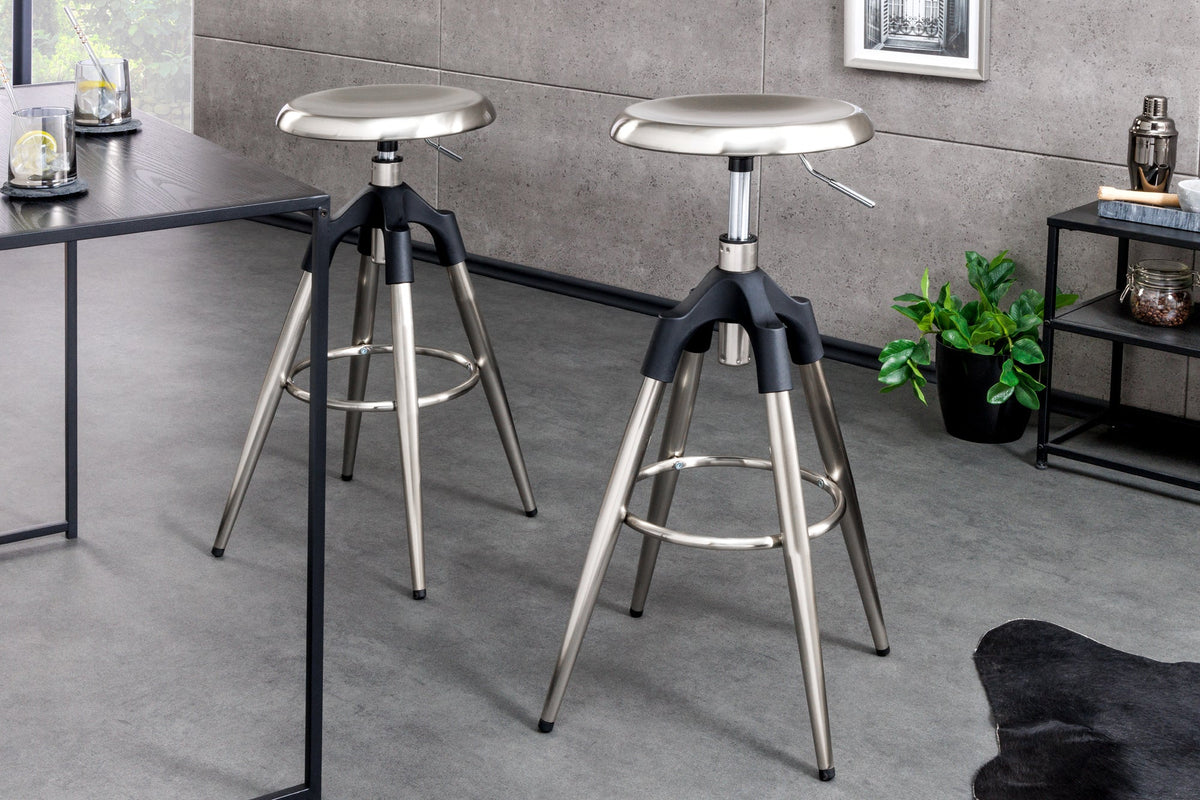 Tabouret de bar réglable en hauteur INDUSTRIAL chrome brossé argent noir métal rond rotatif (réf. 43655)