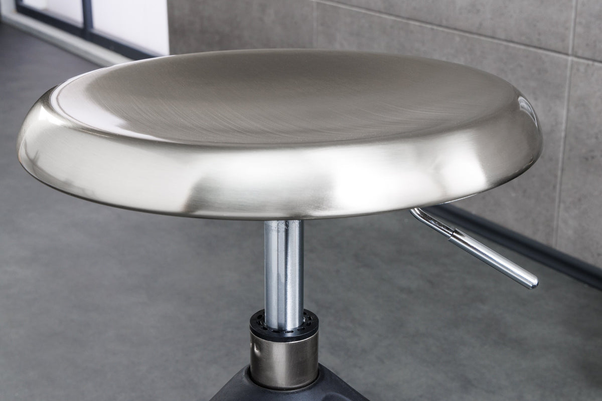 Tabouret de bar réglable en hauteur INDUSTRIAL chrome brossé argent noir métal rond rotatif (réf. 43655)