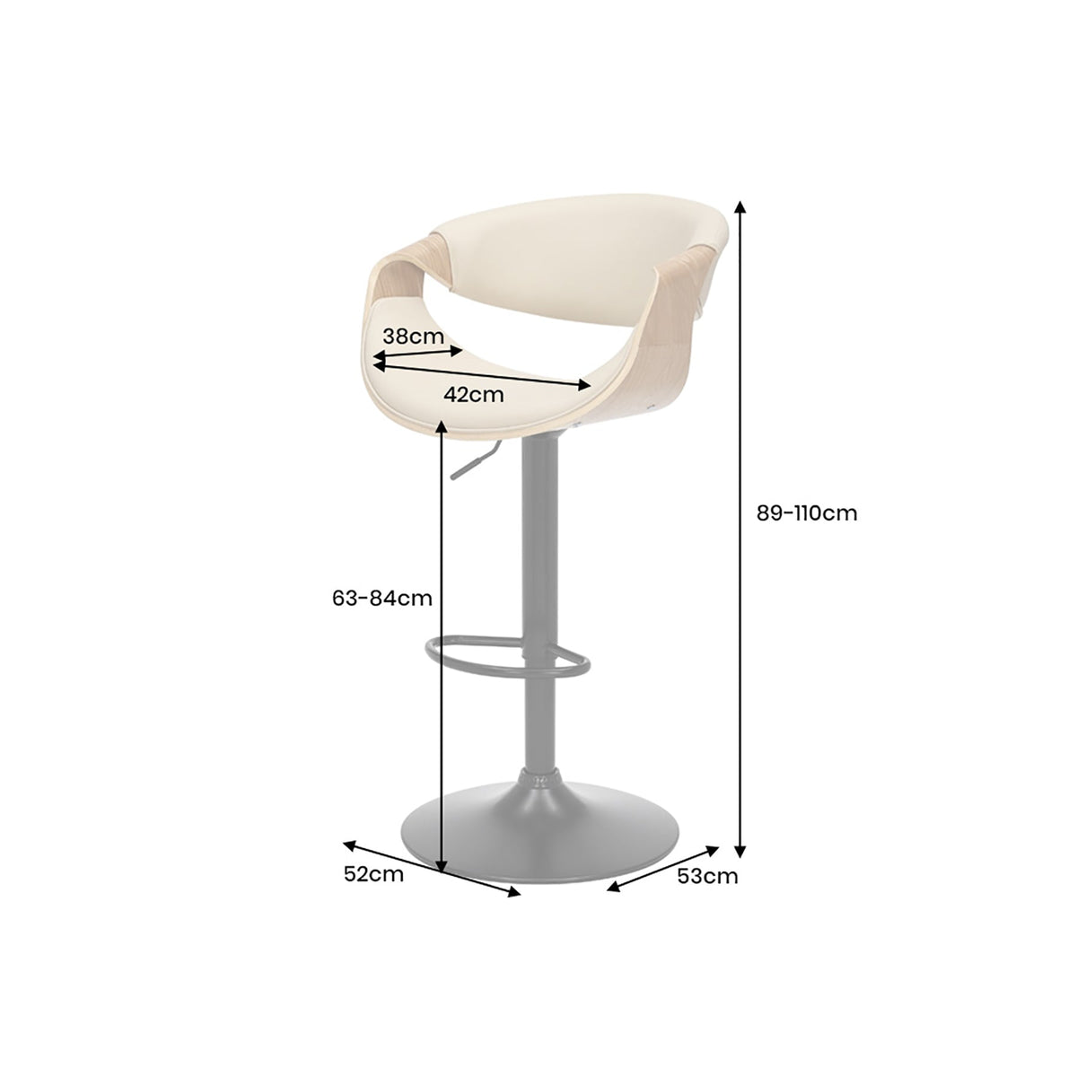 Tabouret de bar réglable en hauteur ORGANIC noir similicuir noyer naturel avec accoudoir