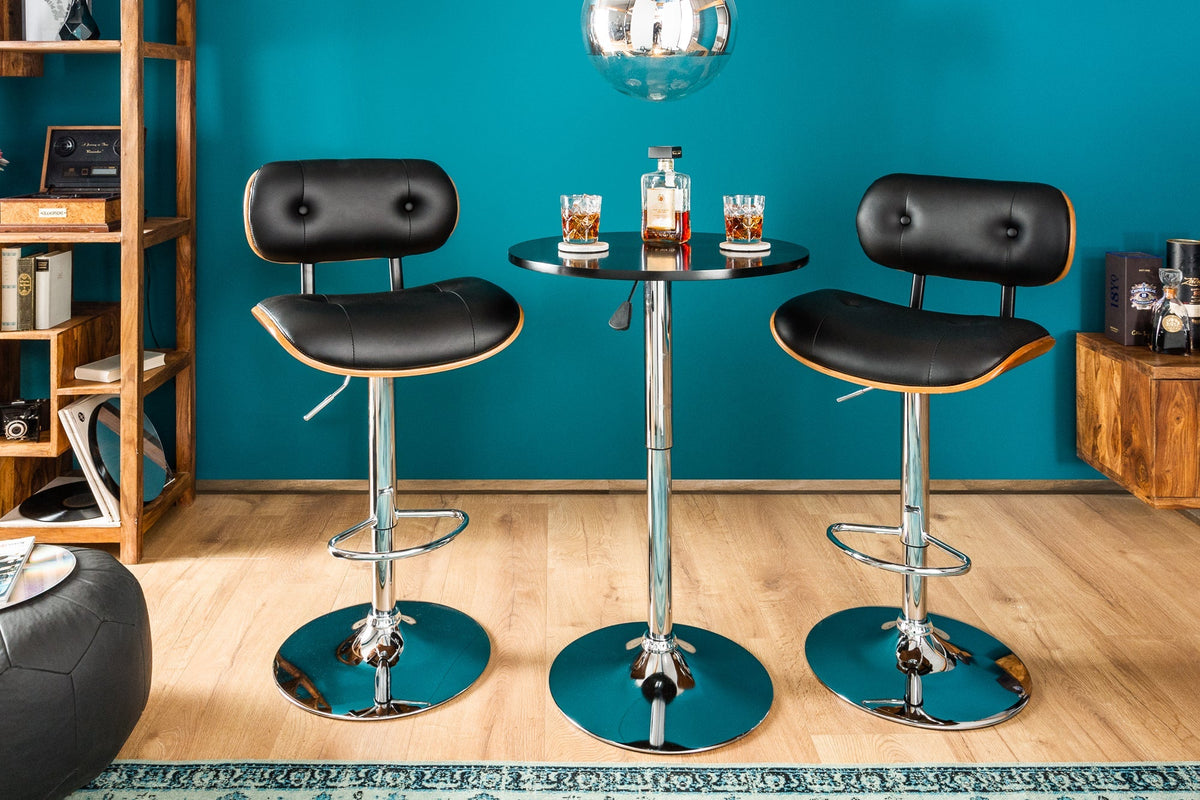 Tabouret de bar rétro CLASSICO noir 115 cm réglable en hauteur avec dossier design bois de noyer