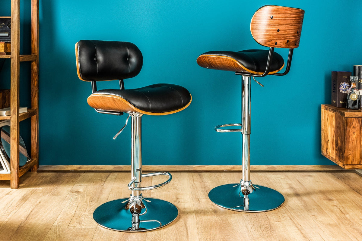 Tabouret de bar rétro CLASSICO noir 115 cm réglable en hauteur avec dossier design bois de noyer