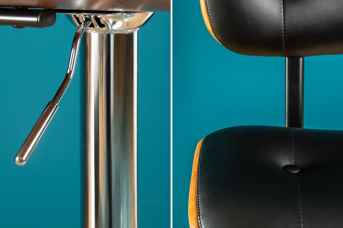 Tabouret de bar rétro CLASSICO noir 115 cm réglable en hauteur avec dossier design bois de noyer