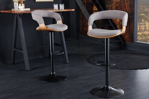 Tabouret de bar rétro MANHATTAN gris tissu structure bois de frêne pivotant réglable en hauteur