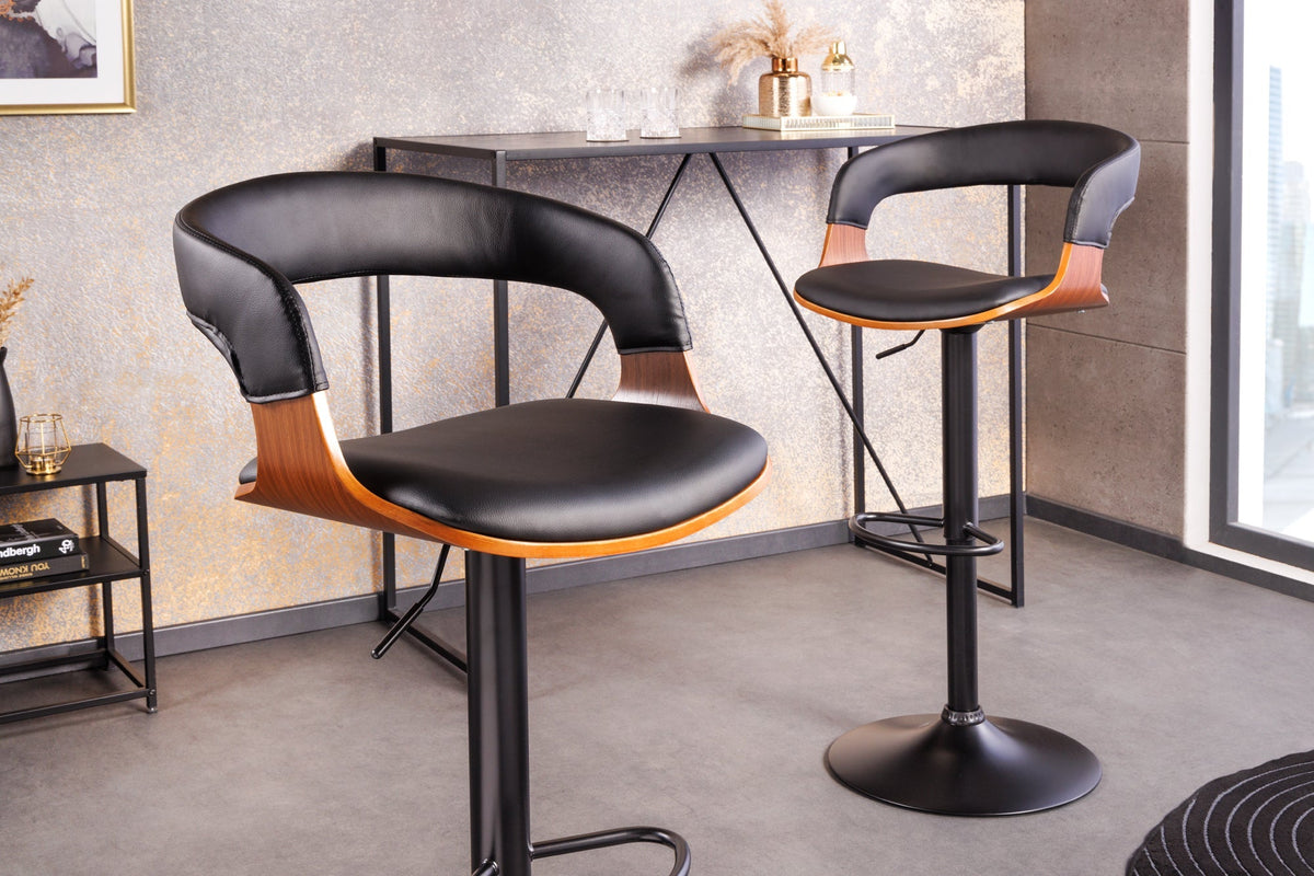 Tabouret de bar rétro MANHATTAN noir, similicuir, bois de noyer, rotatif, hauteur réglable