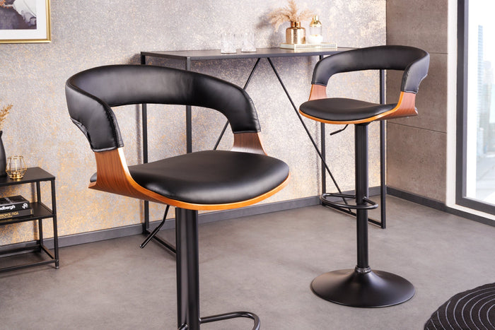 Tabouret de bar rétro MANHATTAN noir, similicuir, bois de noyer, rotatif, hauteur réglable
