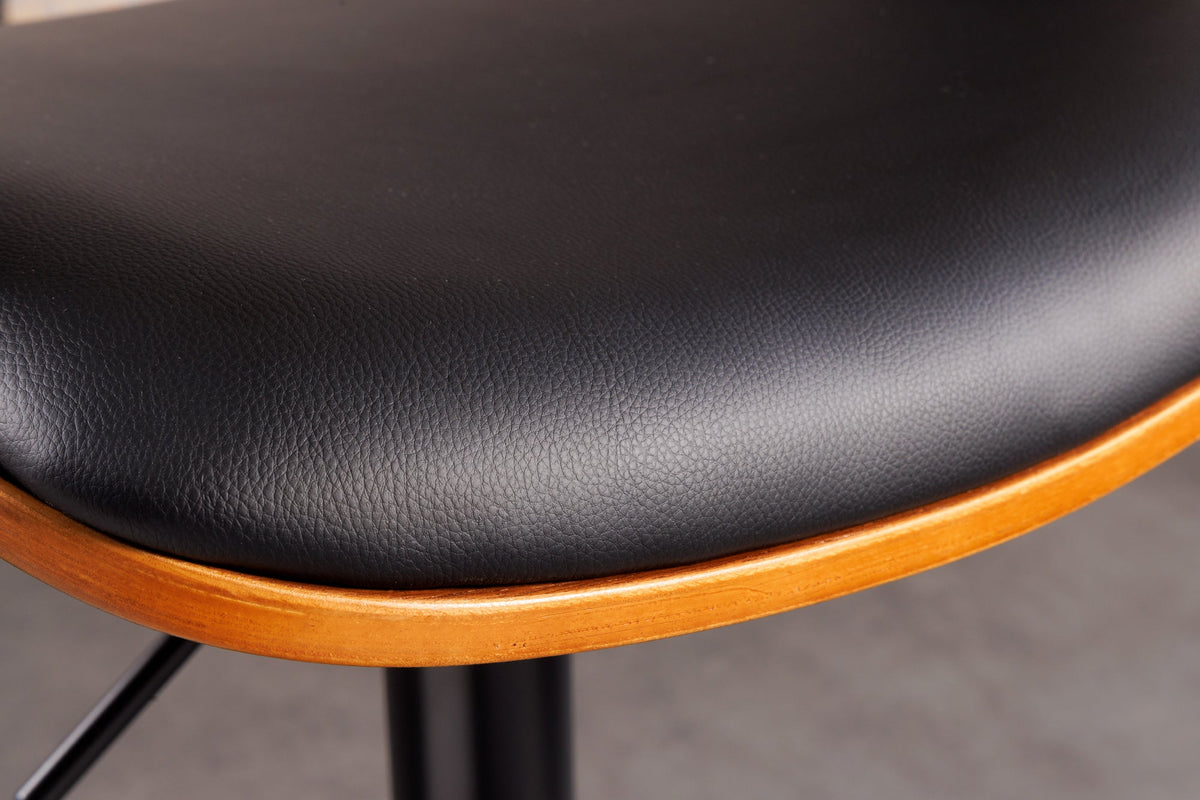 Tabouret de bar rétro MANHATTAN noir, similicuir, bois de noyer, rotatif, hauteur réglable