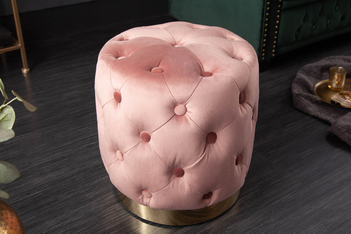 Tabouret élégant MODERN BAROCK 40cm rose ancien or velours design Chesterfield