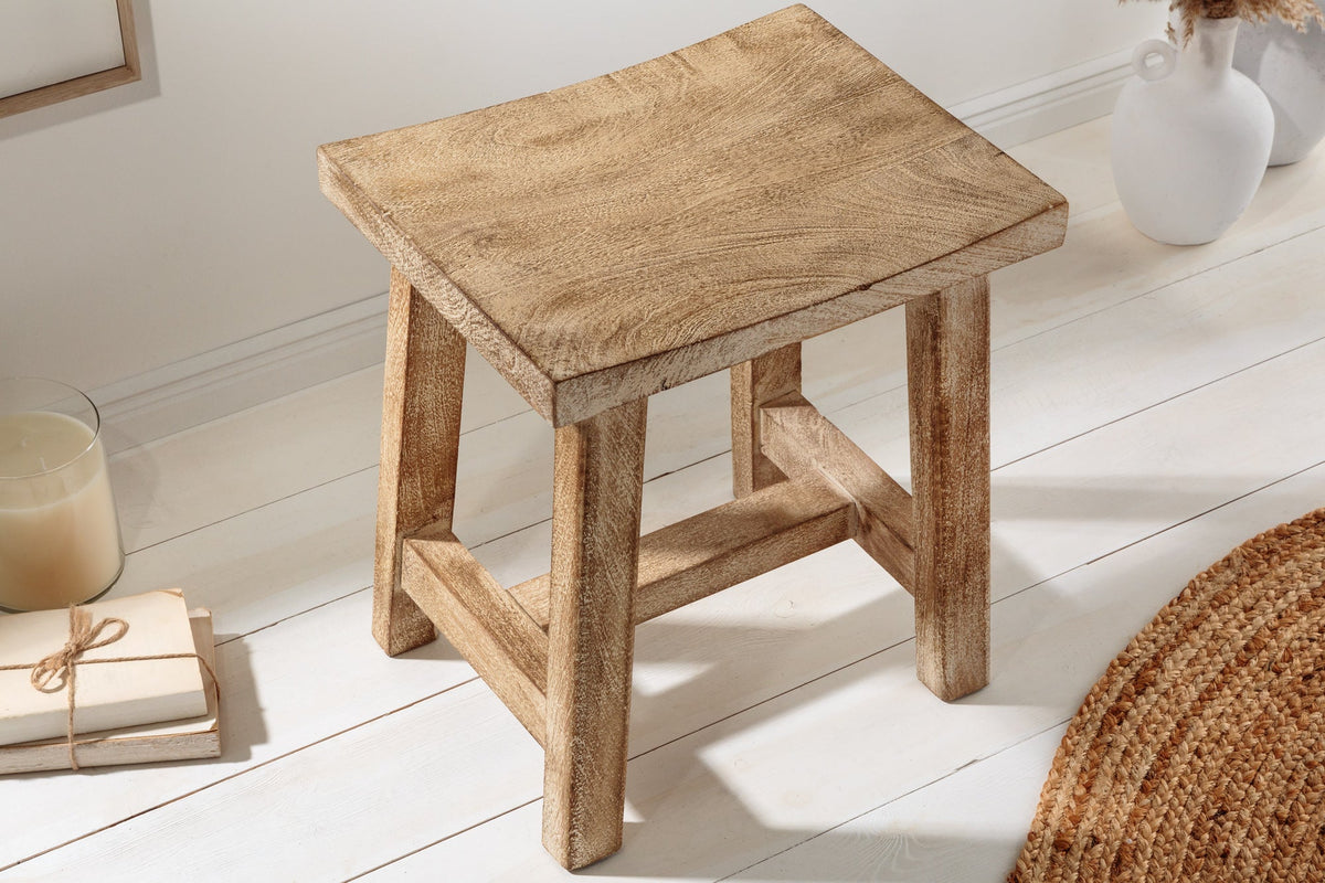 Tabouret massif FINCA 45cm beige bois de mangue fait main Boho Shabby Chic