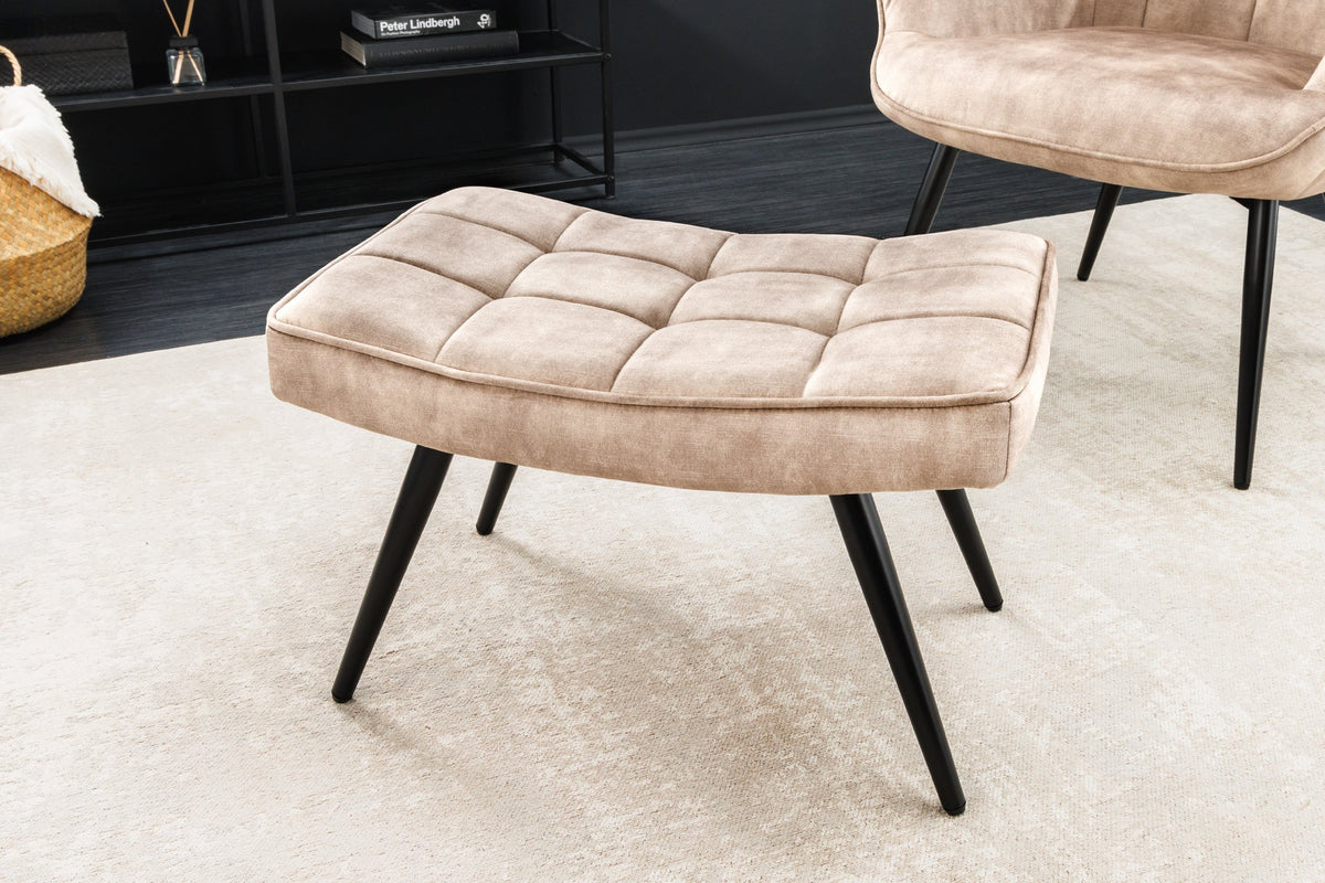 Tabouret moderne SCANDINAVIA beige champagne velours pieds métalliques noirs repose-pieds